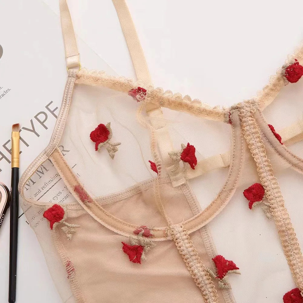 European and American new sexy embroidered see-through hollow one-piece sexy lingerie set