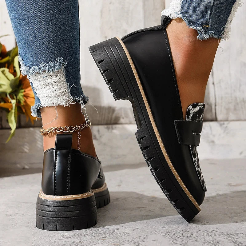 Fashion Leopard Print Platform Loafers Women Plus Size 43 Slip On Pu Leather Shoes Woman Comfort Thick Bottom Office Work Shoes