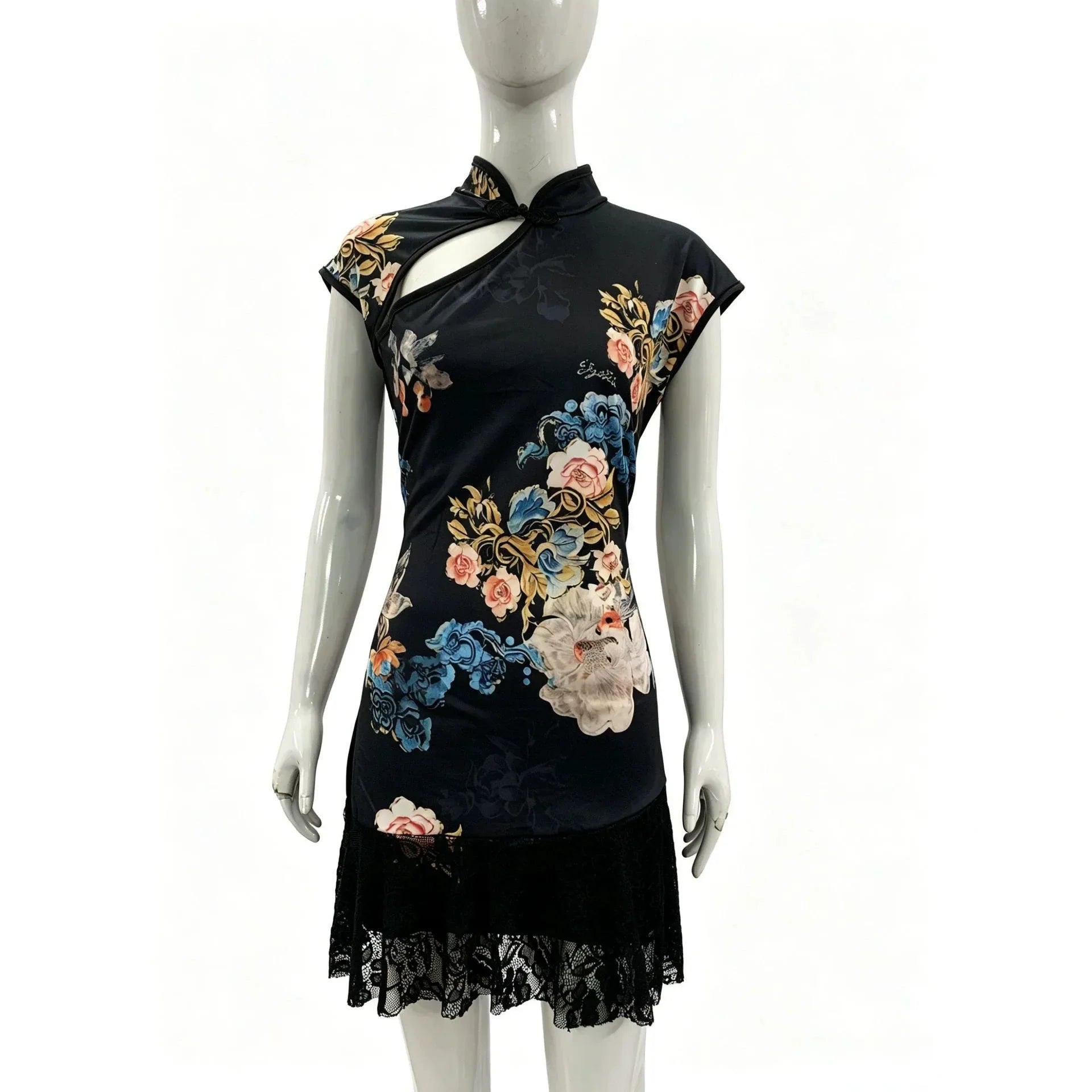 New Chinese style cheongsam hip-covering skirt Royal sister style tight lace national style printed fashion dress