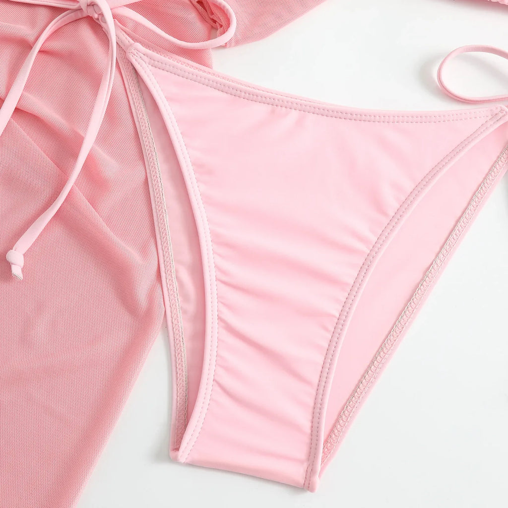 Women Pink Micro Mini String Bikini Sets 4 Pieces with Mesh Cover Tops and Skirt Swimsuit Bathing Suit Beach Outfits Biquini
