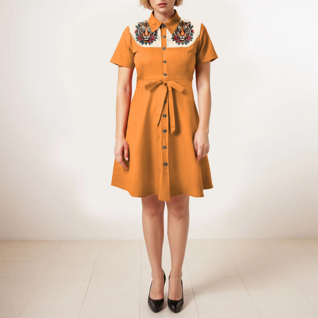 Western Cowgirl Printed Dress Halloween Cosplay Costume Summer Cowboy Button-Down Dress Short Sleeves 100% Cotton Sexy Dress