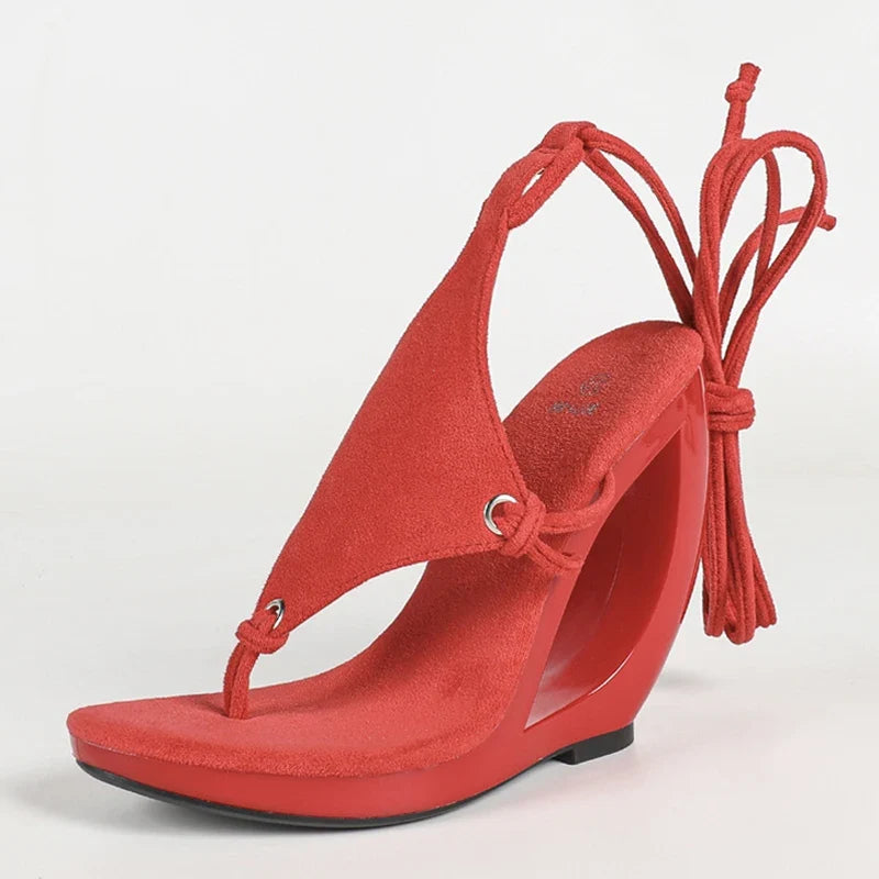 Strange Style Hollow Wedge Sandals Women Summer Platform Clip Open Toe Ankle Cross Strap Pink High Heels Party Prom Shoes
