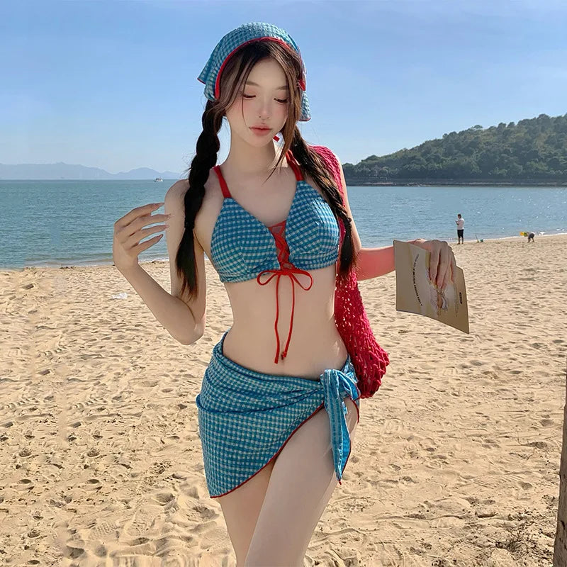 Cut Blue Plaid Patchwork Bikini Set 2026 Women Drawstring Push Up Bra Skirts Bands 4 Piece Swimsuit Beach Bathing Suit Swimwear