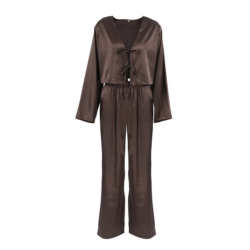 2026 New Women's Home Clothes Open Cardigan Belted Sleepwear Loose Long Sleeve Long Pant Smooth Comfort Spring Street Style