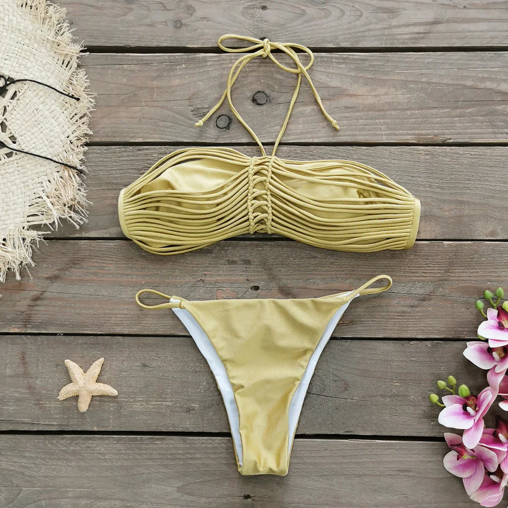 New Bandage Stripes Brazilian Bikini Swimwear Women's Swimsuit Two Piece Set Female Sexy Lace up Mujer Beachwear Summer