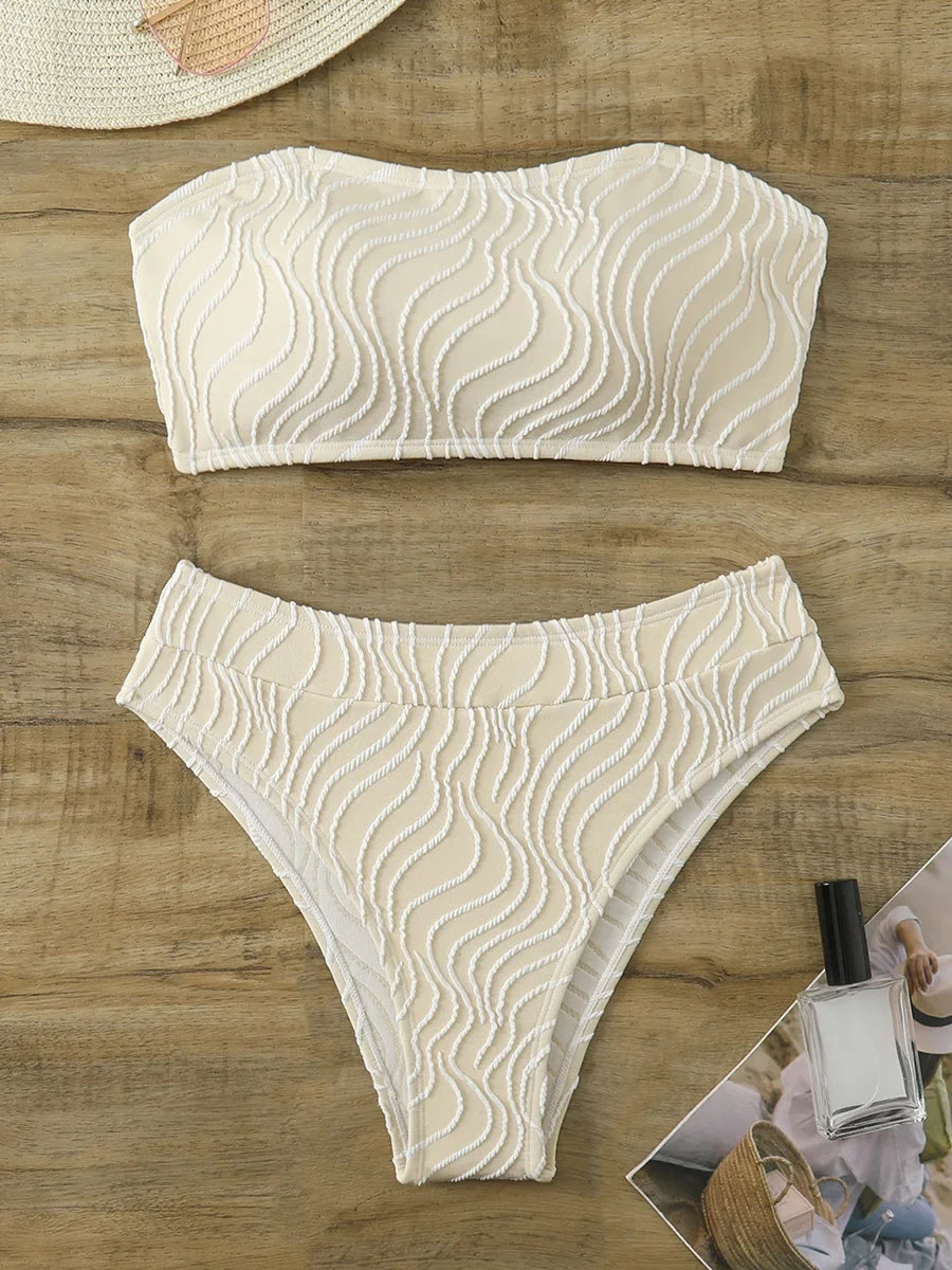 Wave Striped Bandeau Bikinis High Waist Bikini Female Swimsuit Women Swimwear Two-pieces Bikini Set Bathing Suit Swim Beach Wear