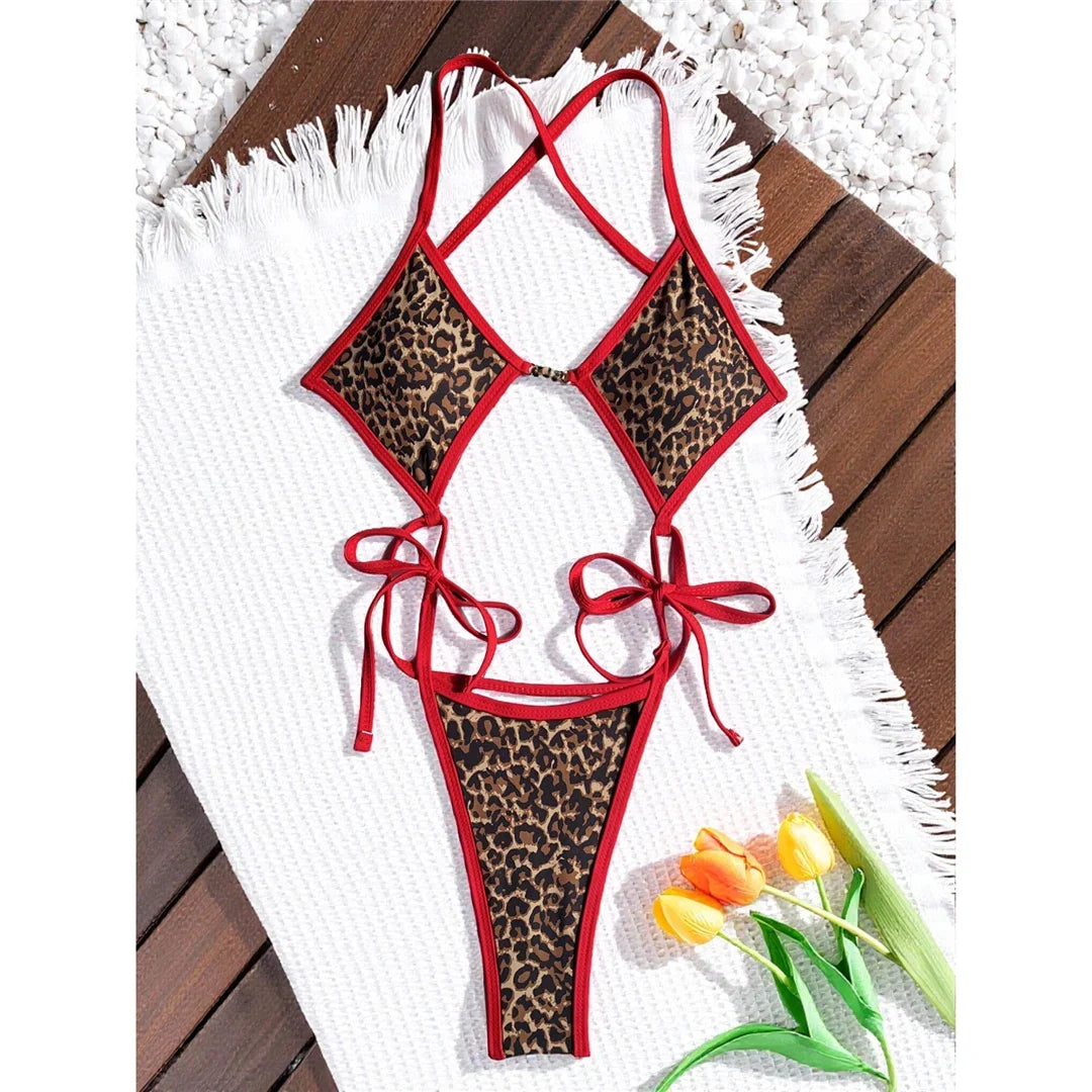 S - XL Leopard Extreme String Mini Micro Thong One Piece Swimsuit Women Swimwear Female Padded Bather Bathing Suit Swim K7067