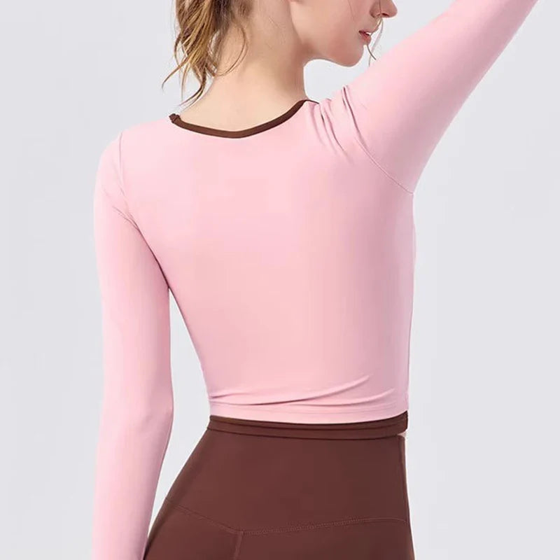 Autumn New Contrasting Yoga Suit for Women with Chest Pad Top Slim and Slim Pilates Running Sports Fitness Long Sleeves Shirts