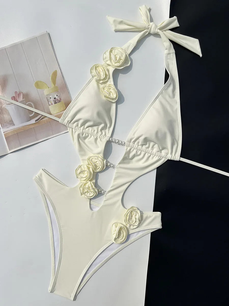 3D Flowers Pearl Deep V Neck Halter Backless Female Swimwear One Piece Swimsuit Women Monokini High Cut Bather Bathing Suit Swim