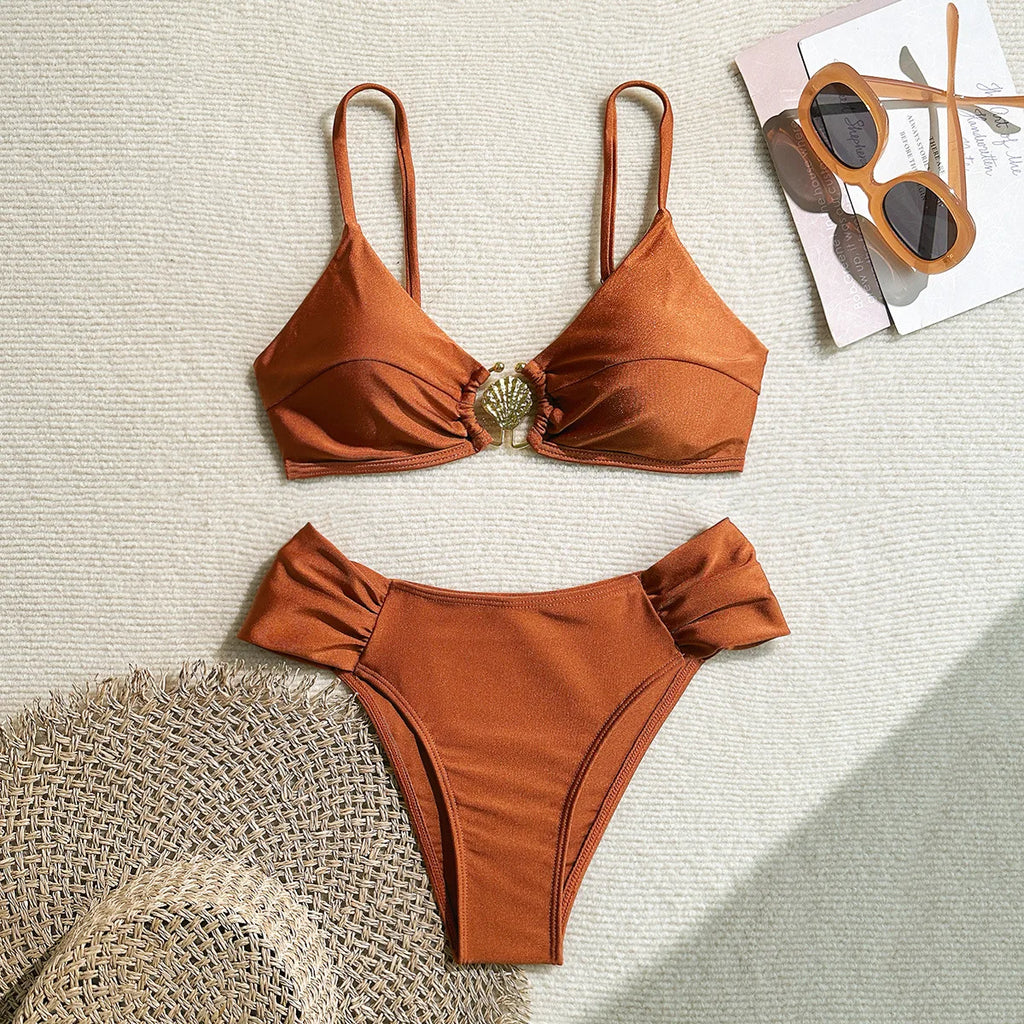 S - XL Metal Shell Halter Female Swimsuit High Waist Bikini Women Swimwear Two-pieces Bikini set Bather Bathing Suit Swim Lady