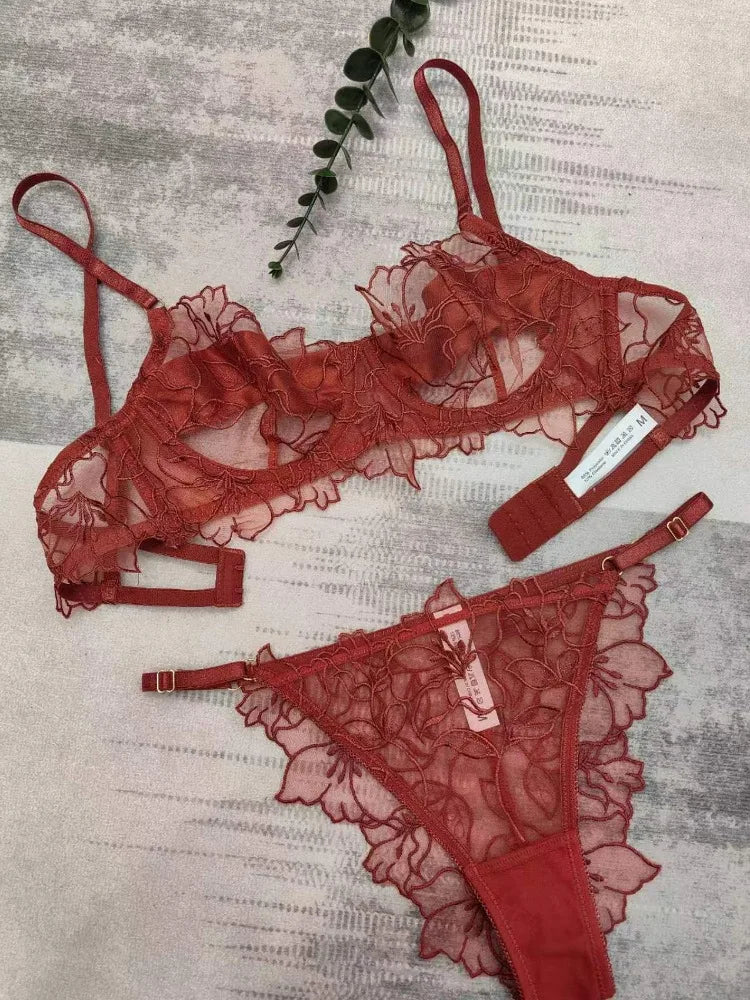 MOYISU Pure Desire Sexy Ultra-thin Big Chest Small Anti-sag Bra Cover Set Summer Embroidery Lace Red Year Life Underwear Woman