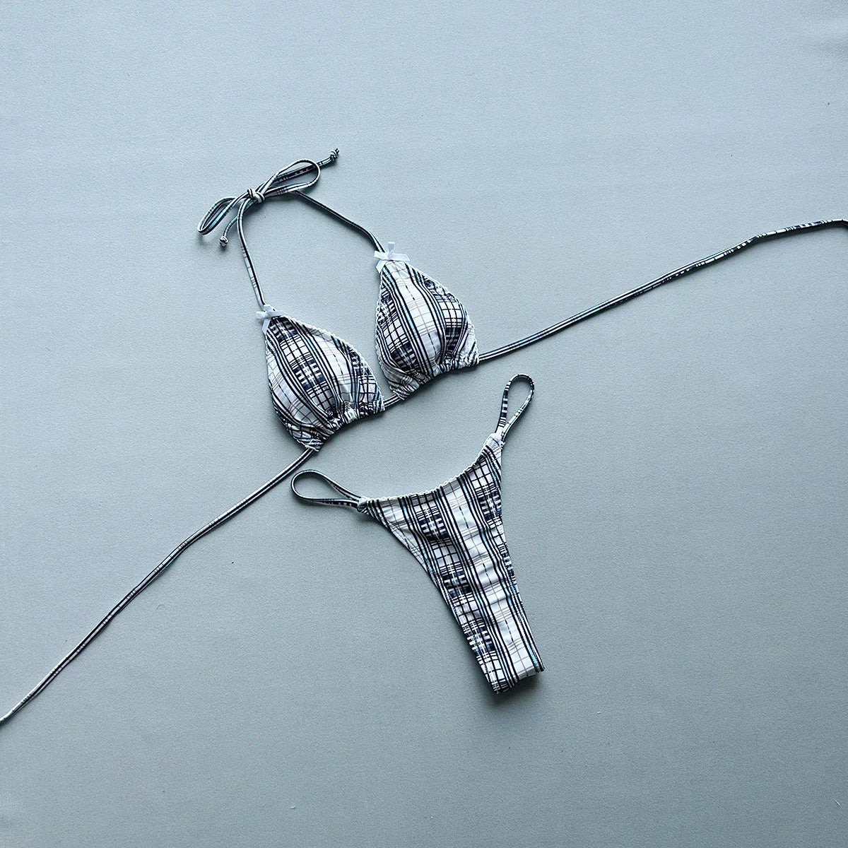 New 2026 Women's Micro Bikini Set Plaid Print Neck Lace-up Backless Biquini Beachwear Sexy Push Up Thong Low Waist  Bathing Suit