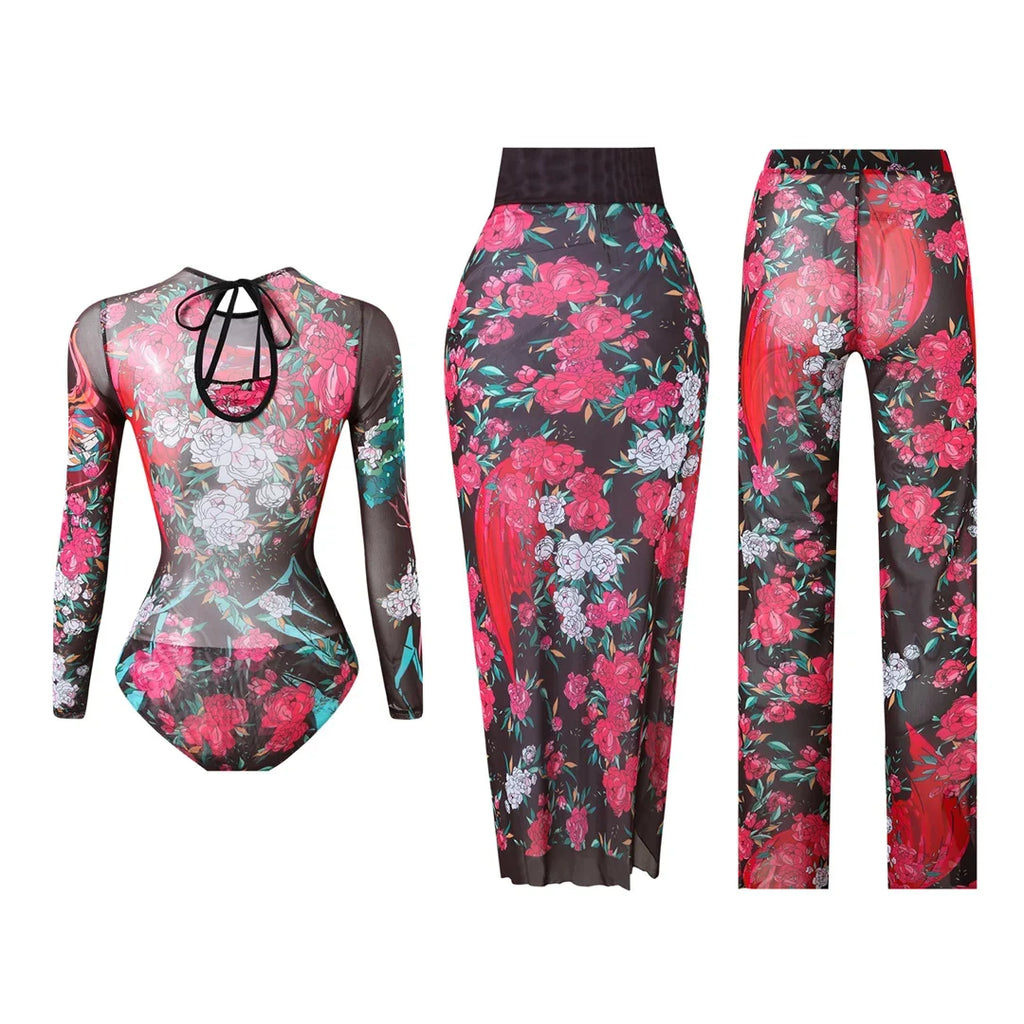 S - XXL 3PCS New Printed Long Sleeve With Pants Sarong Women Swimwear One Piece Swimsuit Female Bather Bathing Suit Swim V7180
