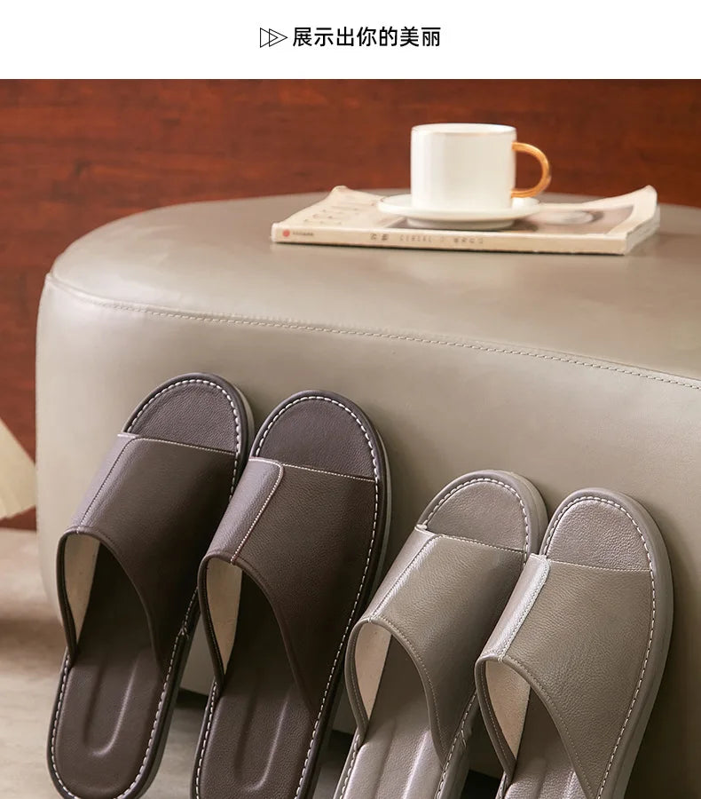 Big Size EU48 Indoor Slippers For Women Men Spring Summer House Shoes Soft Leather Anti-slip Open Toe Couples Home Floor Slides