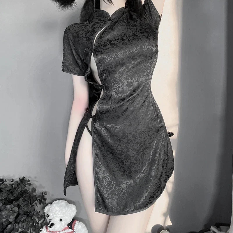 China Cheongsam Anime Sexy Lingerie Women Qipao Dress Costumes Cosplay Role Play Charming Side Open Design Porno Outfits