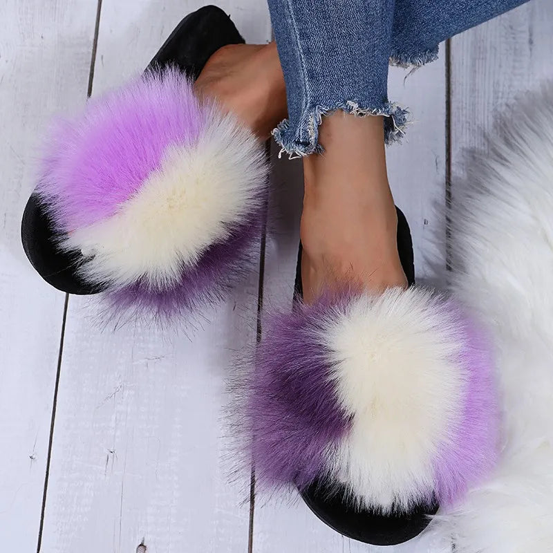 Mix Color Faux Fur Cotton Slippers for Women Open Toe Non Slip Plush Slippers Woman 2025 Lightweight Indoor Flats Slides Mujer