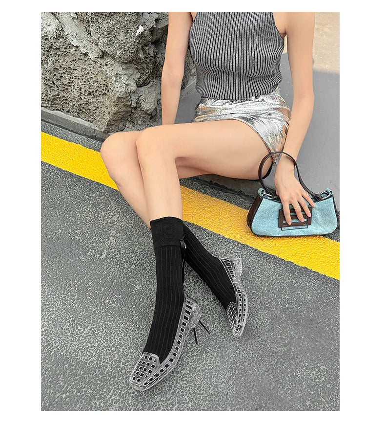 New 2025 Women Fashion Jelly Shoes Summer Cut-out Flat Sandals, Soft PVC Casual Square Toe Girls Daily Walking Sandalias