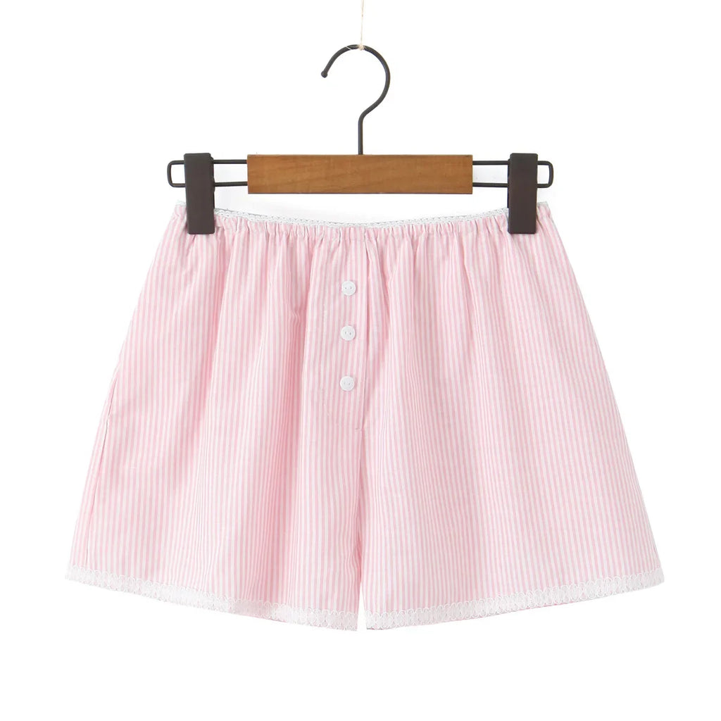 New French Style Lazy Loose Home Casual Button Lace Stripe Shorts For Woman Casual Elegant Fashion Style Pure Desire Casual QRCF