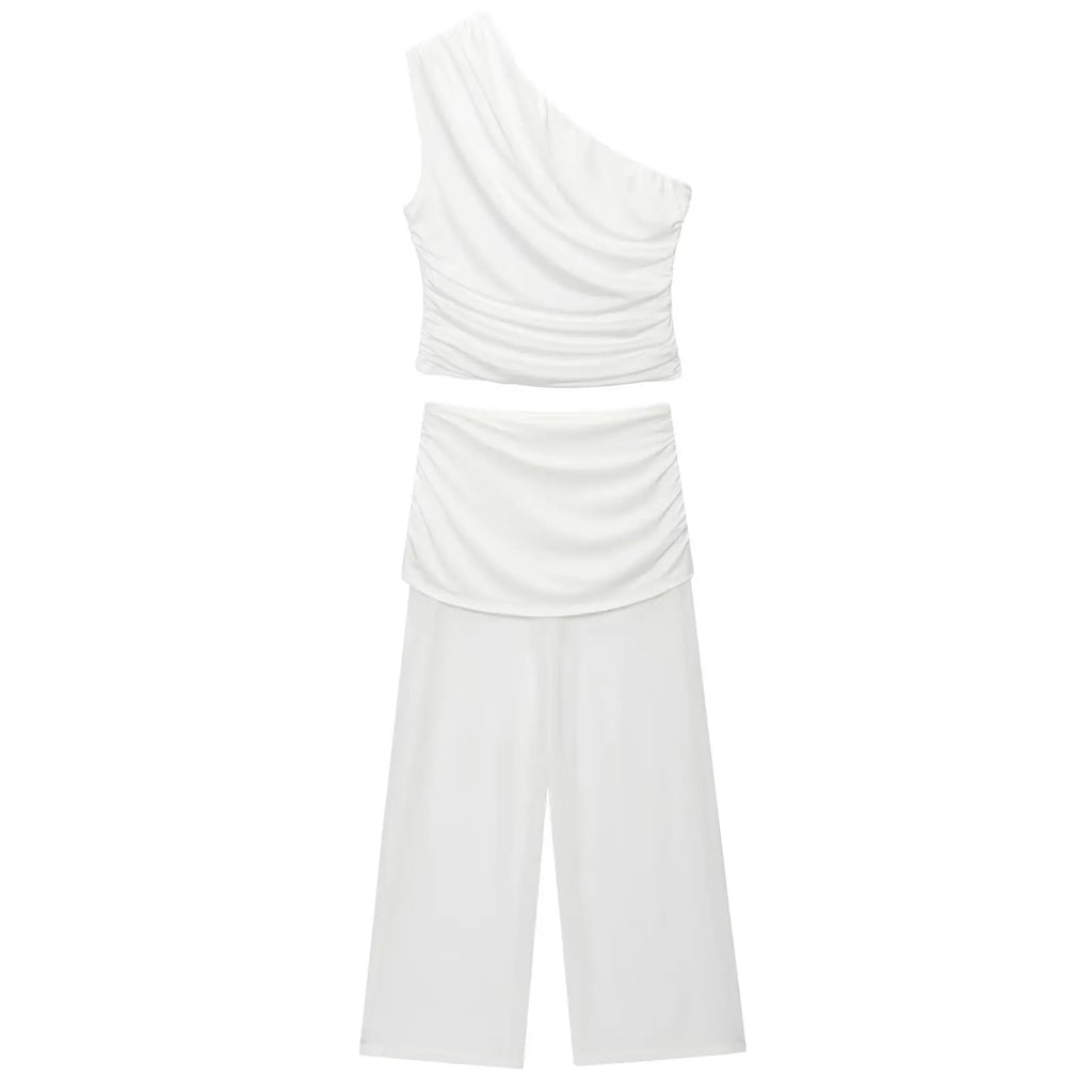 Women's One Shoulder Top Long Pants Set White Strapless Ruched Crop Top And Mesh Flare Pants Two Piece Set Out Party Outfit LNBK