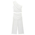 Women's One Shoulder Top Long Pants Set White Strapless Ruched Crop Top And Mesh Flare Pants Two Piece Set Out Party Outfit LNBK