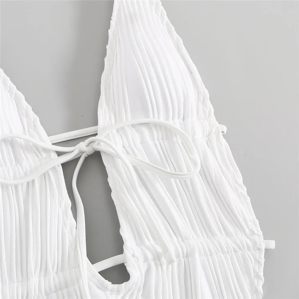 Sexy Backless One Piece Swimsuit Woman 2026 String Texture Swimwear Hollow Out Monokini High Cut Bathing Suit Deep V Neck Bather