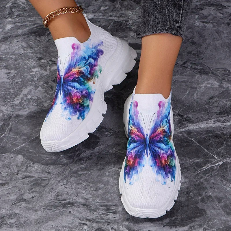 Fashion Butterfly Print Knit Sneakers for Women Breathable Mesh Platform Sneakers Shoes Woman Plus Size Thick Sole Walking Shoes