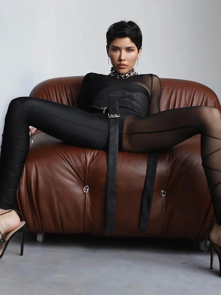AHAgaga Winter Sexy See Through Mesh Rompers Women Jumpsuits Fashion O-Neck Zipper Skinny Slim Jumpsuit Woman Midnight Overalls
