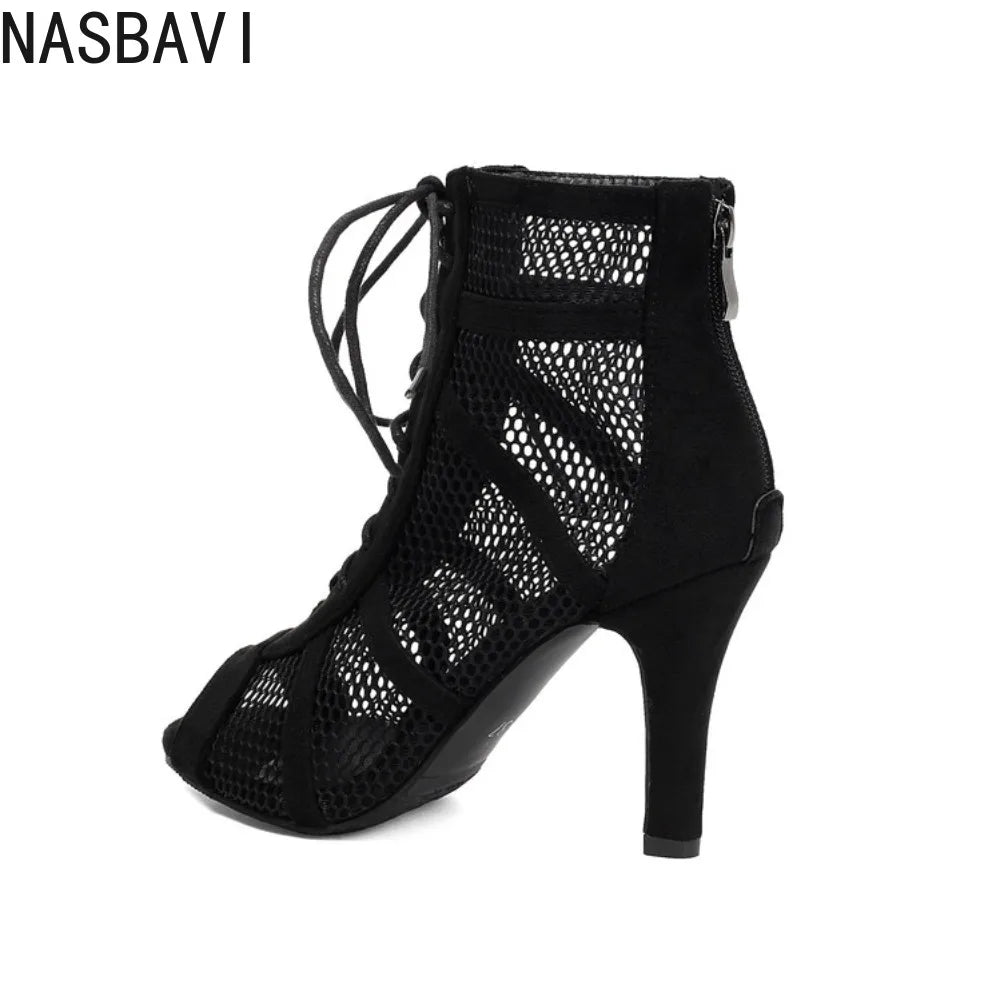 NASBAVI Women Latin Dance Boots Tango Party Shoes for Ladies Girls High Heels Ballroom Dance Shoes Mesh Rumba Samba Salsa Shoes