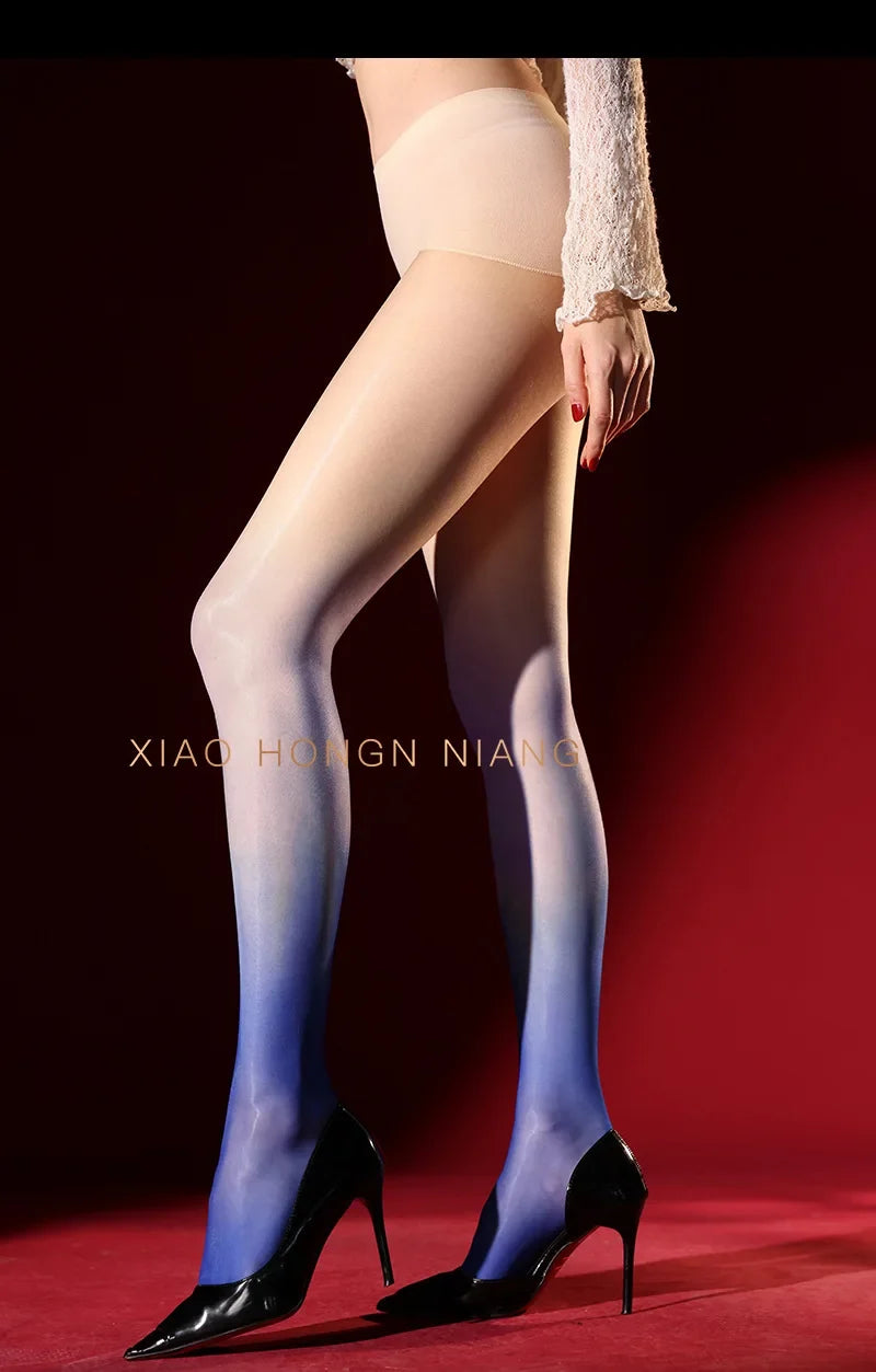 Dual-Color Aurora Pantyhose Gradient Sexy Gradient Shiny Seamless Deep Crotch Tights Black Stockings Transparent Mesh Charm 4YR1