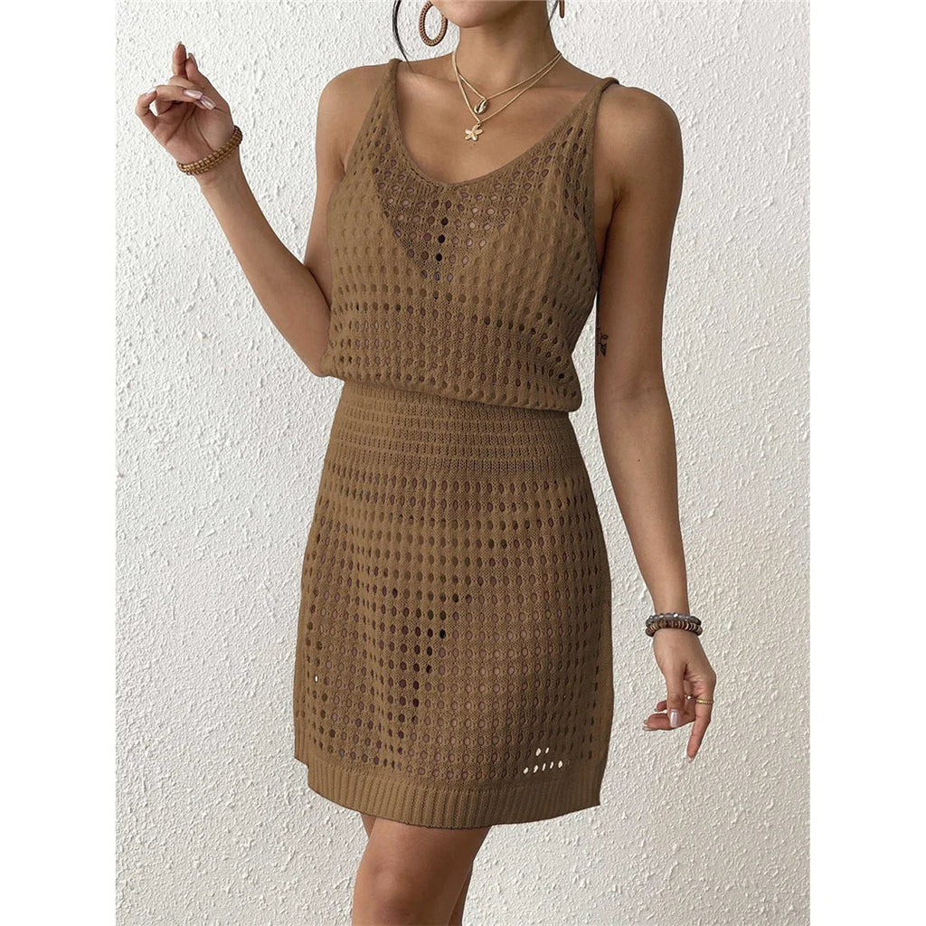 S - XL V Neck Hollow Out Crochet Knitted Tunic Beach Cover Up Cover-ups Beach Dress Mini Beach Wear Beachwear Female Women V7048