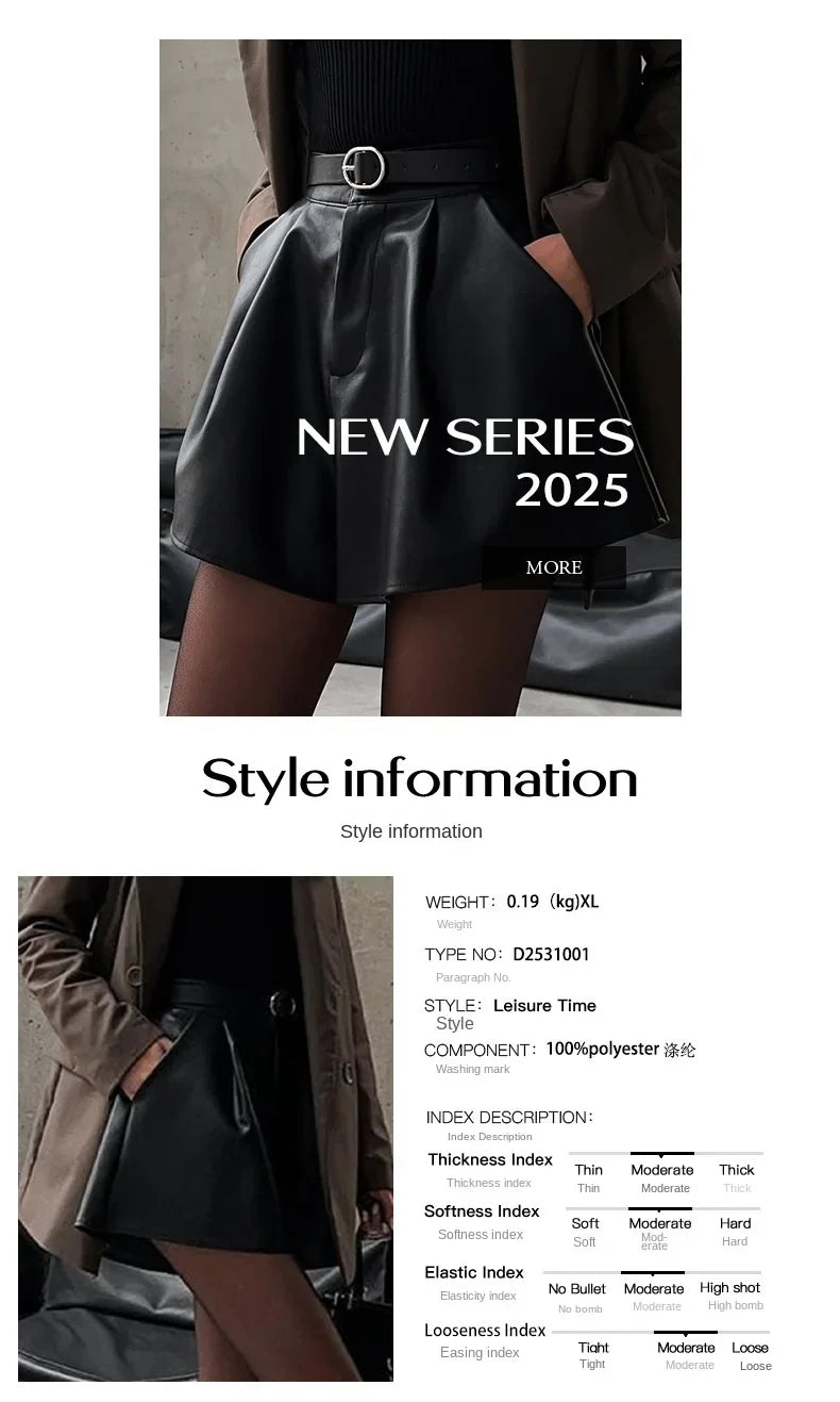 Phantasy Sexy Short Trousers Street Bottom High Waist Wide Leg Ruffles Cuff Pu Leather Shorts Fashionable Autumn Women Clothing