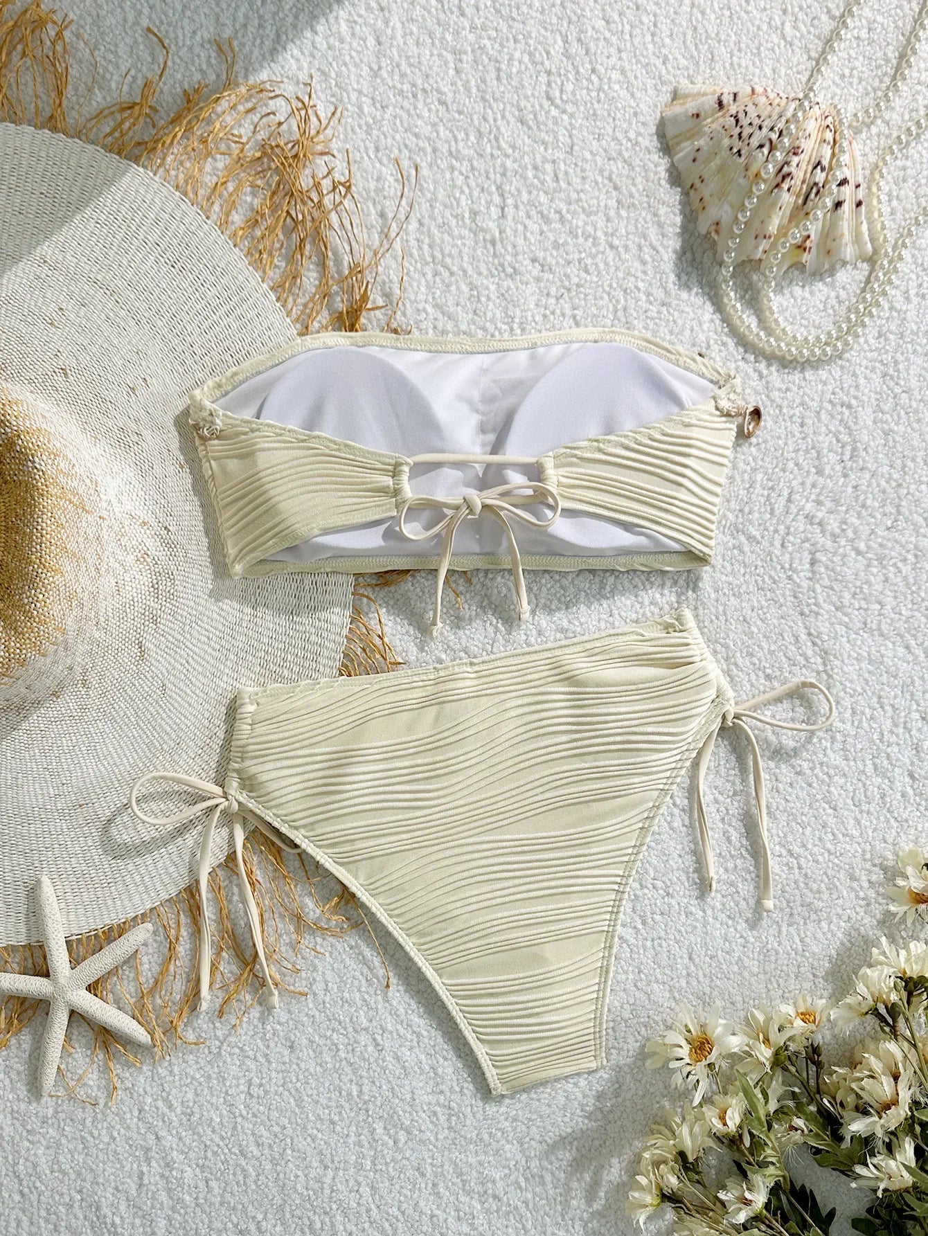 XS - XL Bandeau Wrinkled High Cut Bikini Women Swimwear Female Swimsuit Two-pieces Bikini Set Shell Bather Bathing Suit Swim