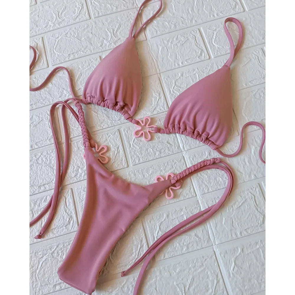 2025 Halter Bikinis Women Swimsuit New Sexy Swimwear Floral Brazilian Bikini Set Micro Biquini Female Cute Solid Beachwear