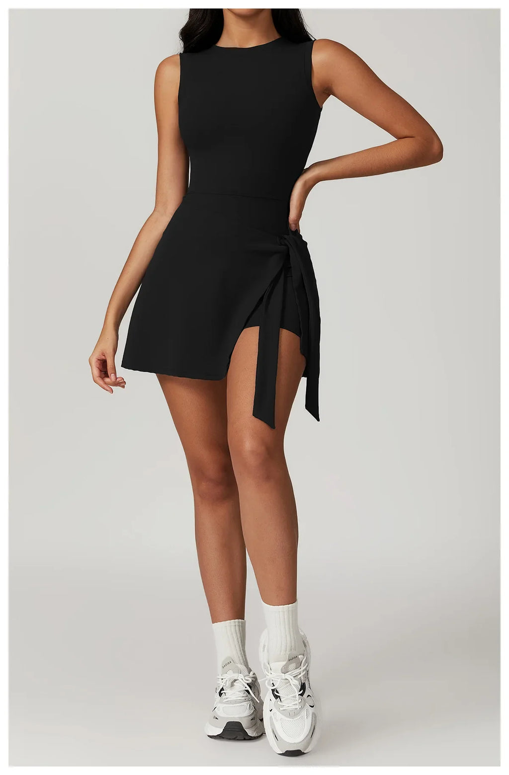 Tennis Dress Slim Tennis Dresses Woman Home Clothing Simple Style Casual Bodycon Mini Sleeveless Solid Color Leace-up Vestidos
