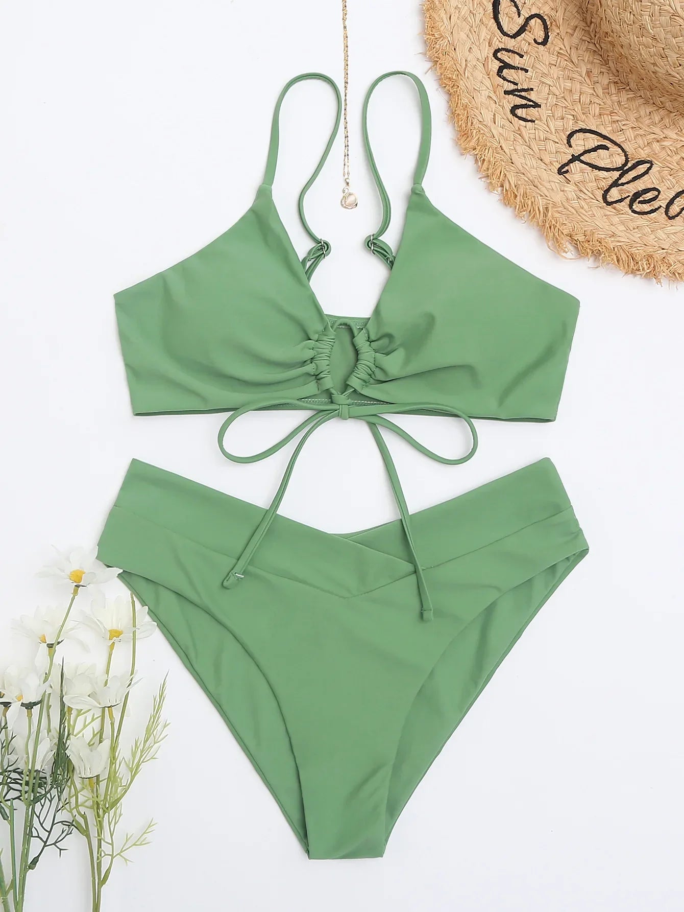 New Women's Swimsuit High Waist Two Piece Bikini Set Hollow Out V-neck Bandage Cross Backless Beach Swimwear Summer Bathing Suit