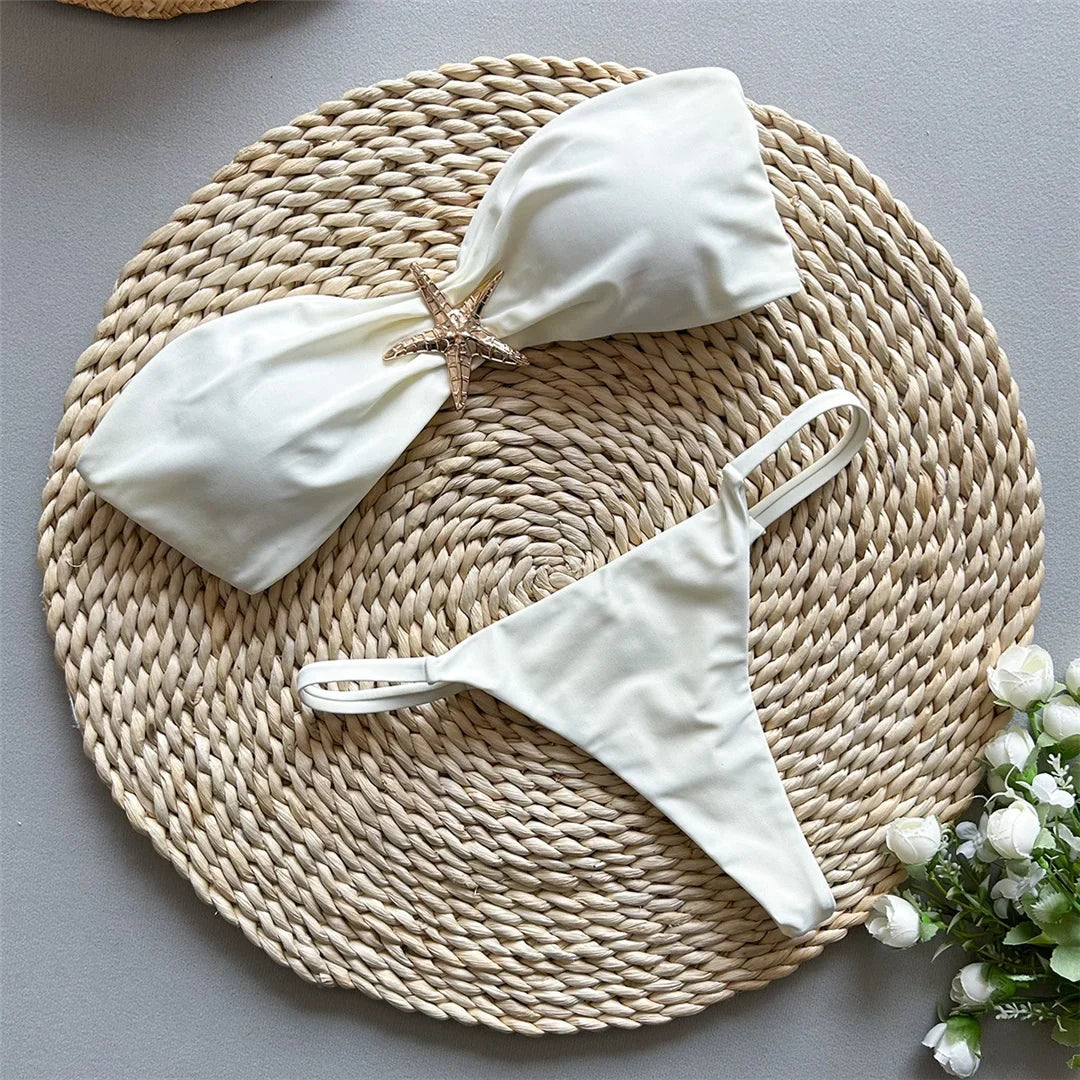 New Metal Star Bandeau High Cut Thong Bikini Women Swimwear Female Swimsuit Two-Pieces Bikini Set Bather Bathing Suit Swim V6422