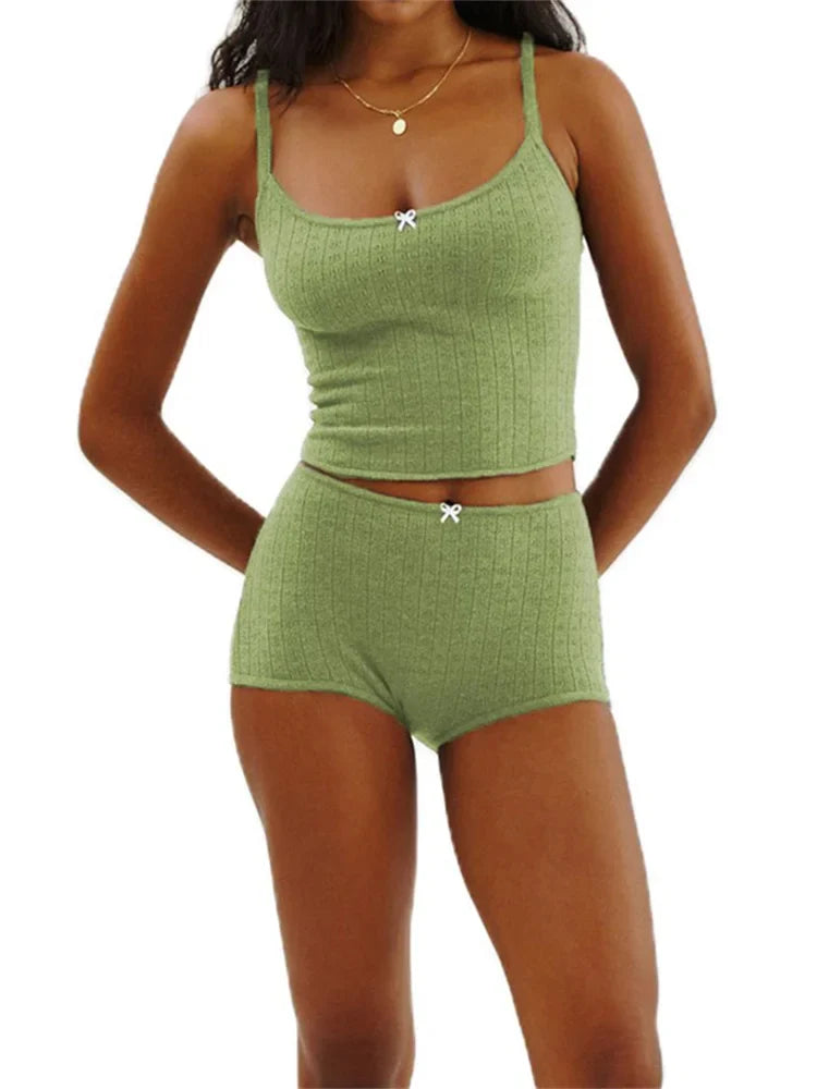 2 Piece Sets Women's Solid Color Bow Camisole Tops and Shorts Sets Summer Casual Loungewear