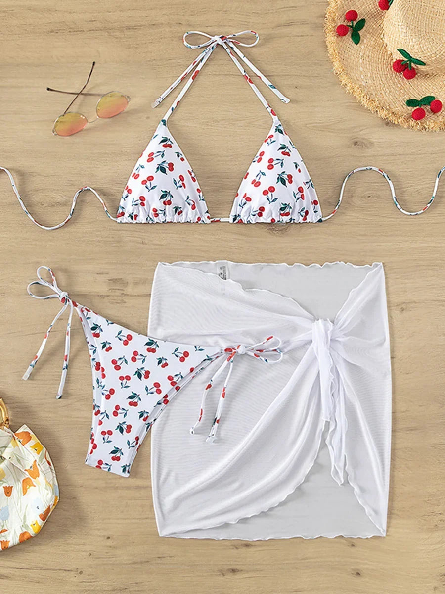 With Mesh Skirt Cherry Printed Bikini Female Swimsuit Women Swimwear Three Pieces Bikini Set Halter Bathing Suit Swim Beachwear