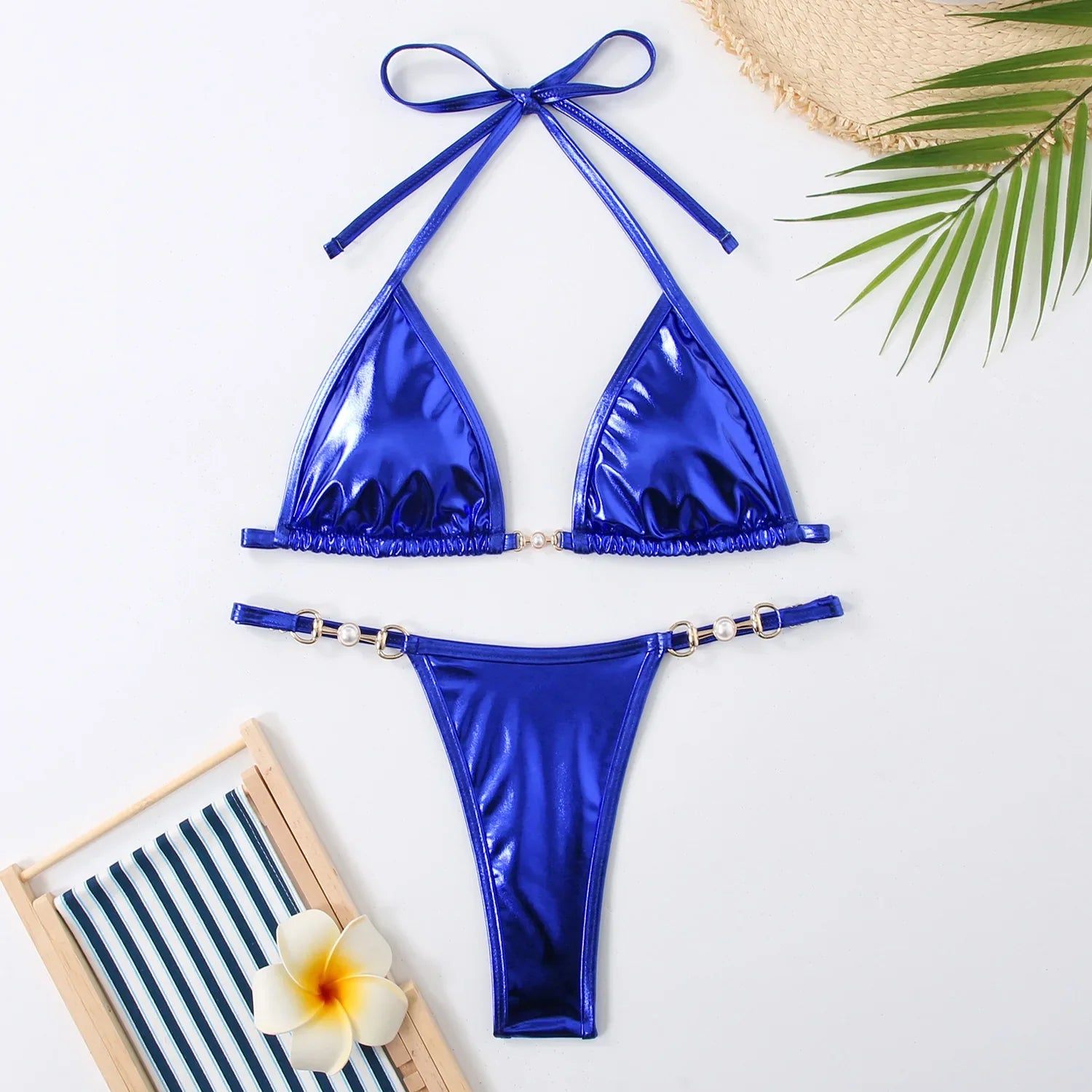 PU Leather Pearls Bikini Mini Micro Thong Bikinis Women Swimwear Female Swimsuit Two-piece Bikini Set Halter Bathing Suit Swim
