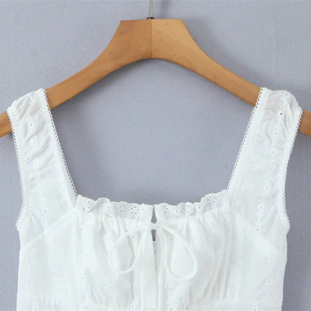 Square Neck Lace Trim Spliced Strap Dress For Women Front Mini Bud Skirt White Lace Mini Dress Ruffle Casual Summer Dress 4MXE