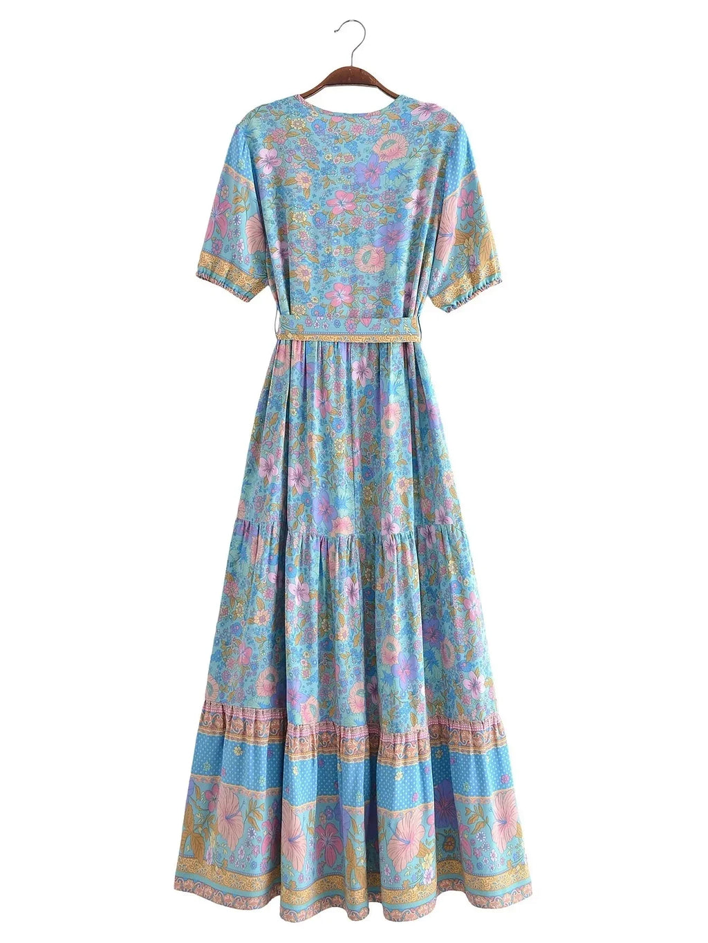 Foridol Single Breasted Bohemian Holiday Summer Women Dress Belt Casual Loose Maxi Floral Dress Short Sleeve Long Viscose Dress