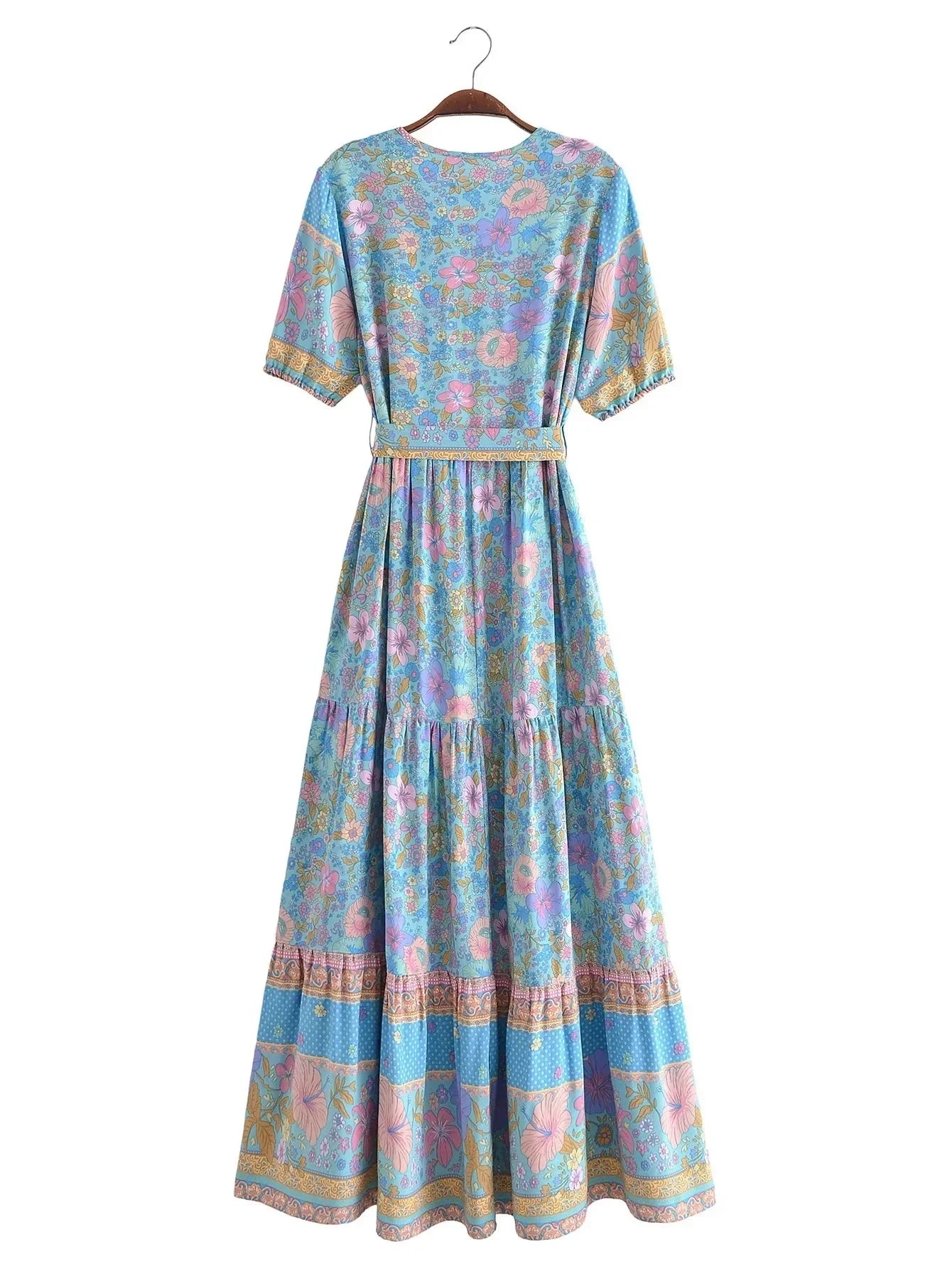 Foridol Single Breasted Bohemian Holiday Summer Women Dress Belt Casual Loose Maxi Floral Dress Short Sleeve Long Viscose Dress