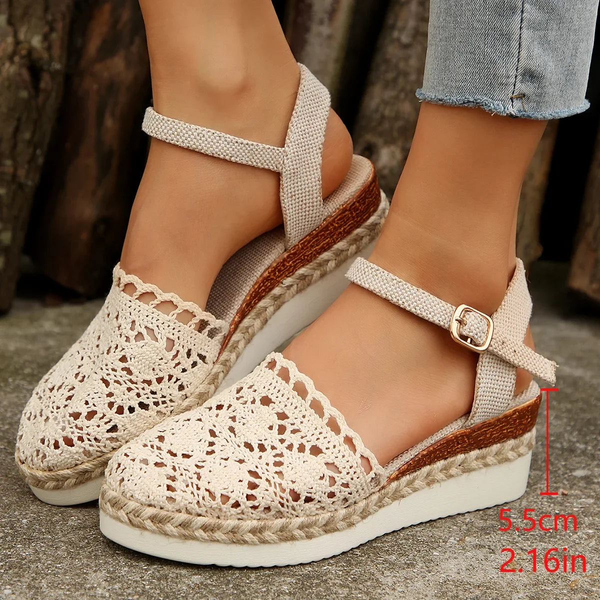 Hollow Fabric Roman Shoes Summer Travel Round Head Wedge Toe Fashion Sandals Comfortable Thick-sole Women's Shoes 2026