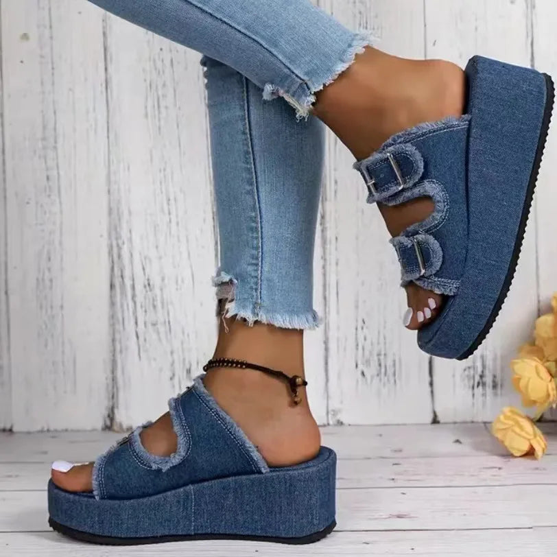 Women Denim Belt Buckle Wedge Heels Slippers Summer2026 Non Slip Thick Sole Beach Slippers Woman Fashion Buckle Platform Sandles