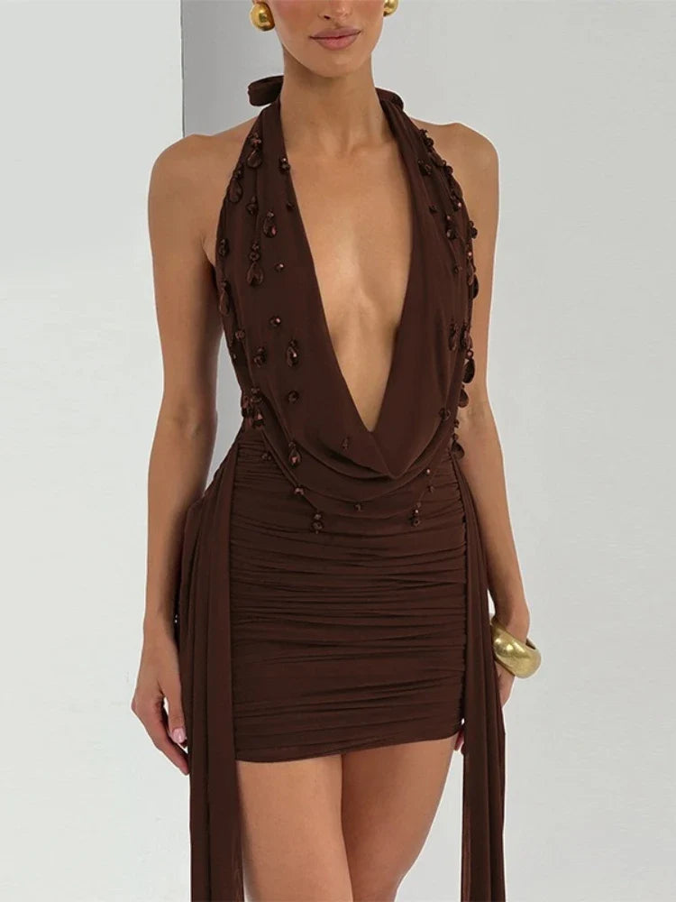 FDYOUI Elegant Halter Neck Water Drop Decoration Party Club Dress for Women 2026 Backless Bandage Folds Short Evening Dresses