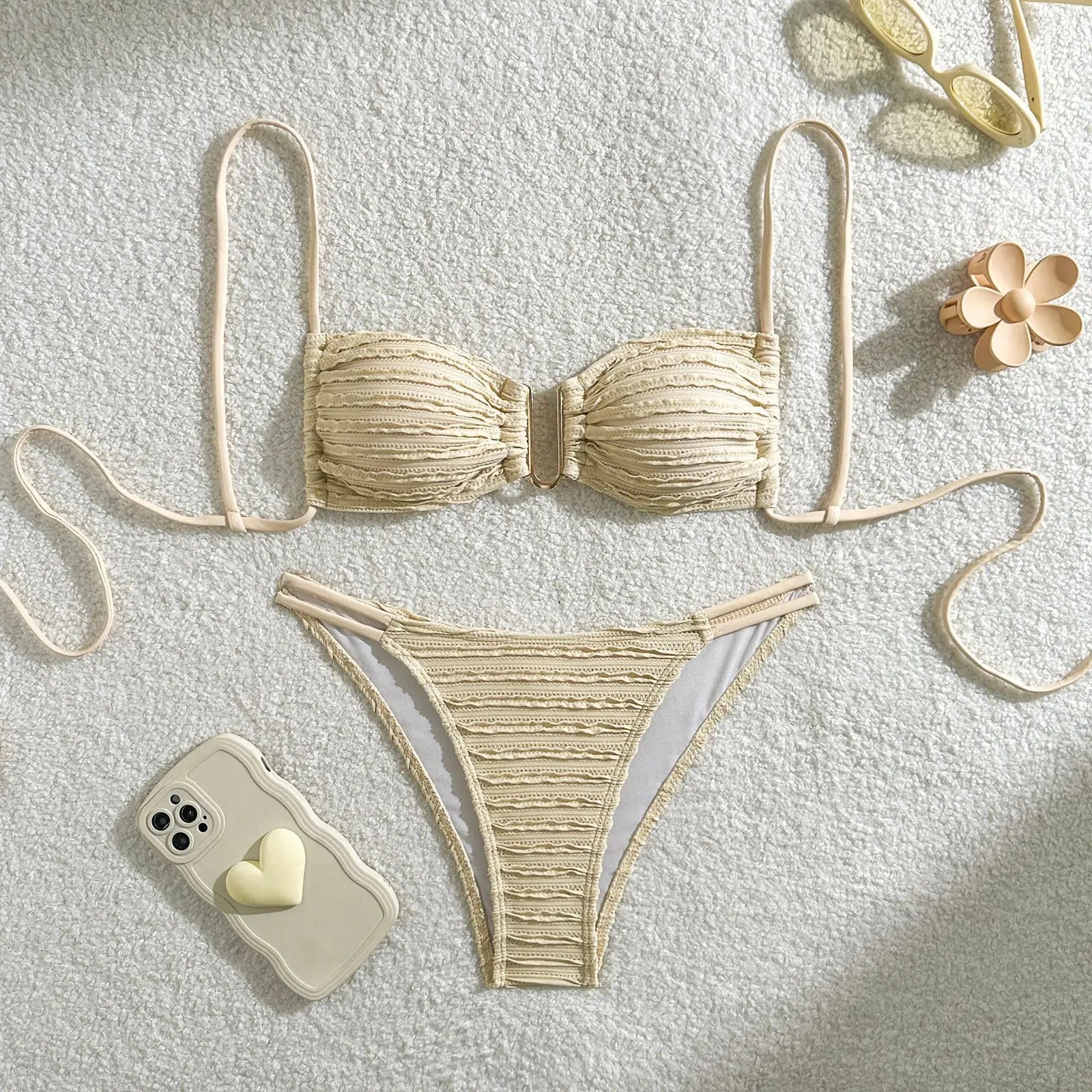2026 Wrinkled U Ring Bandeau Bikini Women Swimwear Female Swimsuit Two-pieces Bikini Set Bather Pool Bathing Suit Swim Beachwear