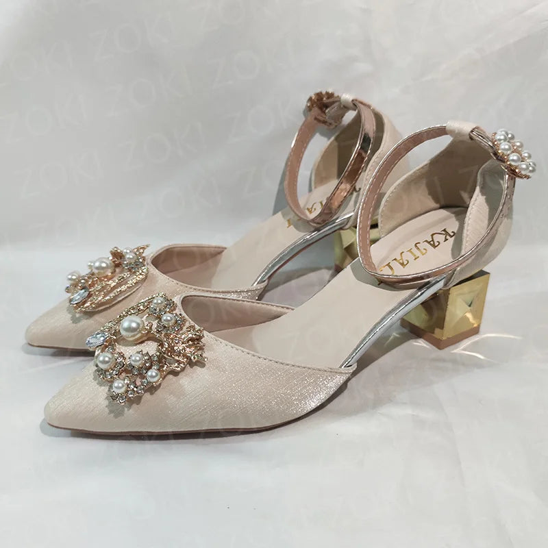 ZOKI Fashion Pearl Buckle Square Heels Pumps Women Pointed Toe Bling Crystal Party Shoes Woman Elegant Med Heels Bride Shoes