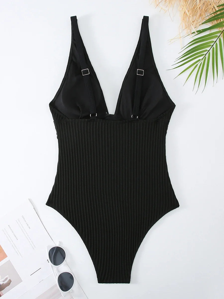 2026 V Neck Swimsuit One Piece Solid Vintage Swimwear Women One-piece Bathing Suit Female Padded Beach Wear Swimming Beachwear