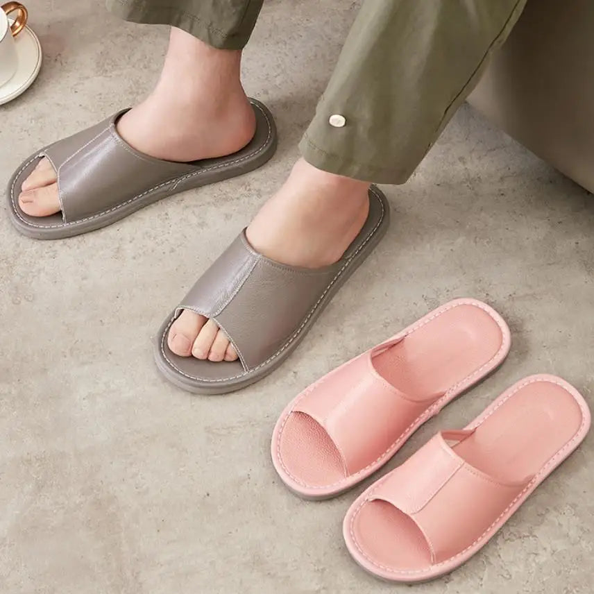 Big Size EU48 Indoor Slippers For Women Men Spring Summer House Shoes Soft Leather Anti-slip Open Toe Couples Home Floor Slides