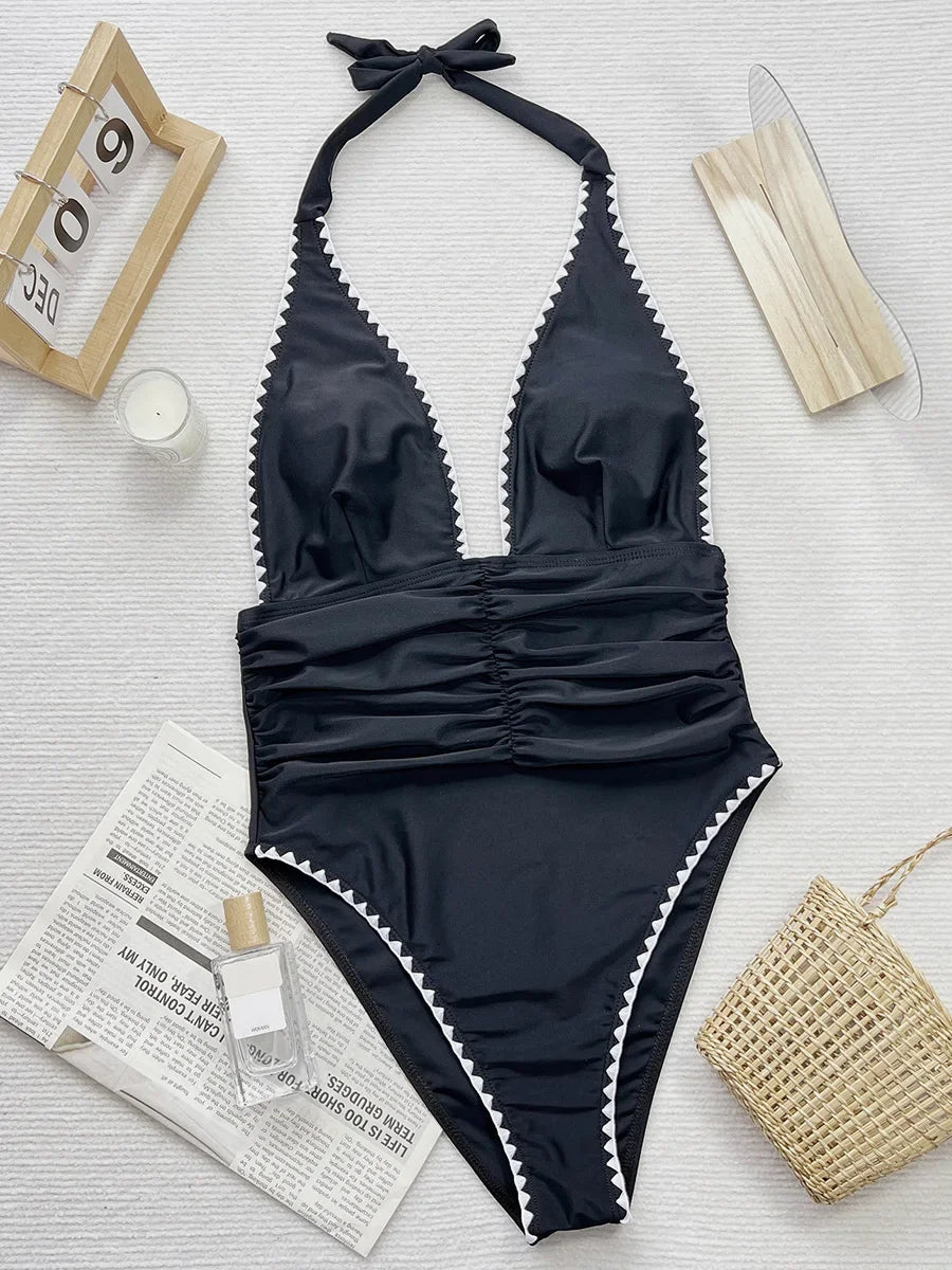 V Neck Halter Wrinkled Women Swimwear One Piece Swimsuit Female High Cut Backless Monokini Bather Bathing Suit Swim Beachwear